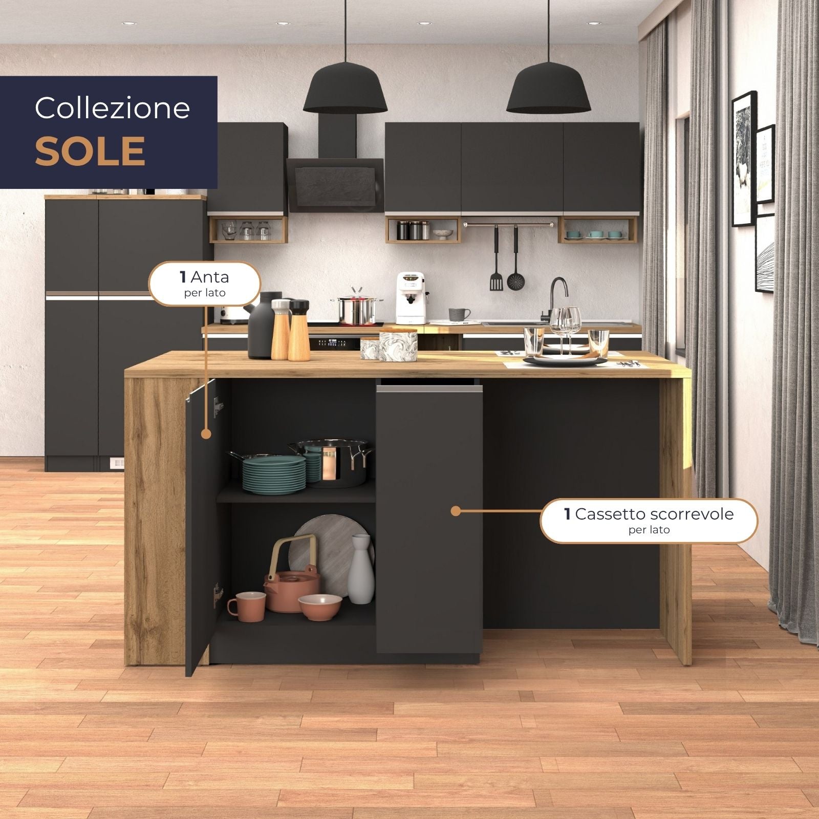 Isola da cucina Sole 2 ante 2 cassetti e 1 scaffale antracite opaco/rovere 168x90x91 cm