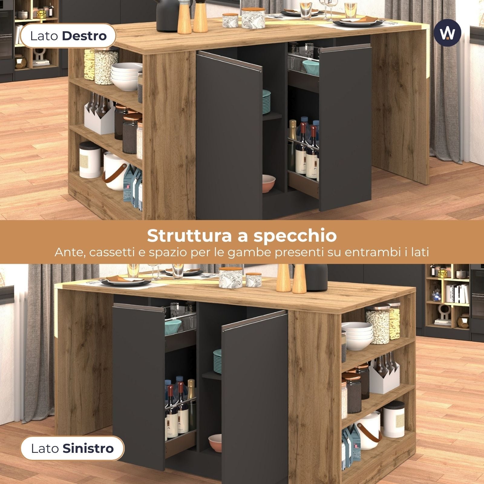 Isola da cucina Sole 2 ante 2 cassetti e 1 scaffale antracite opaco/rovere 168x90x91 cm