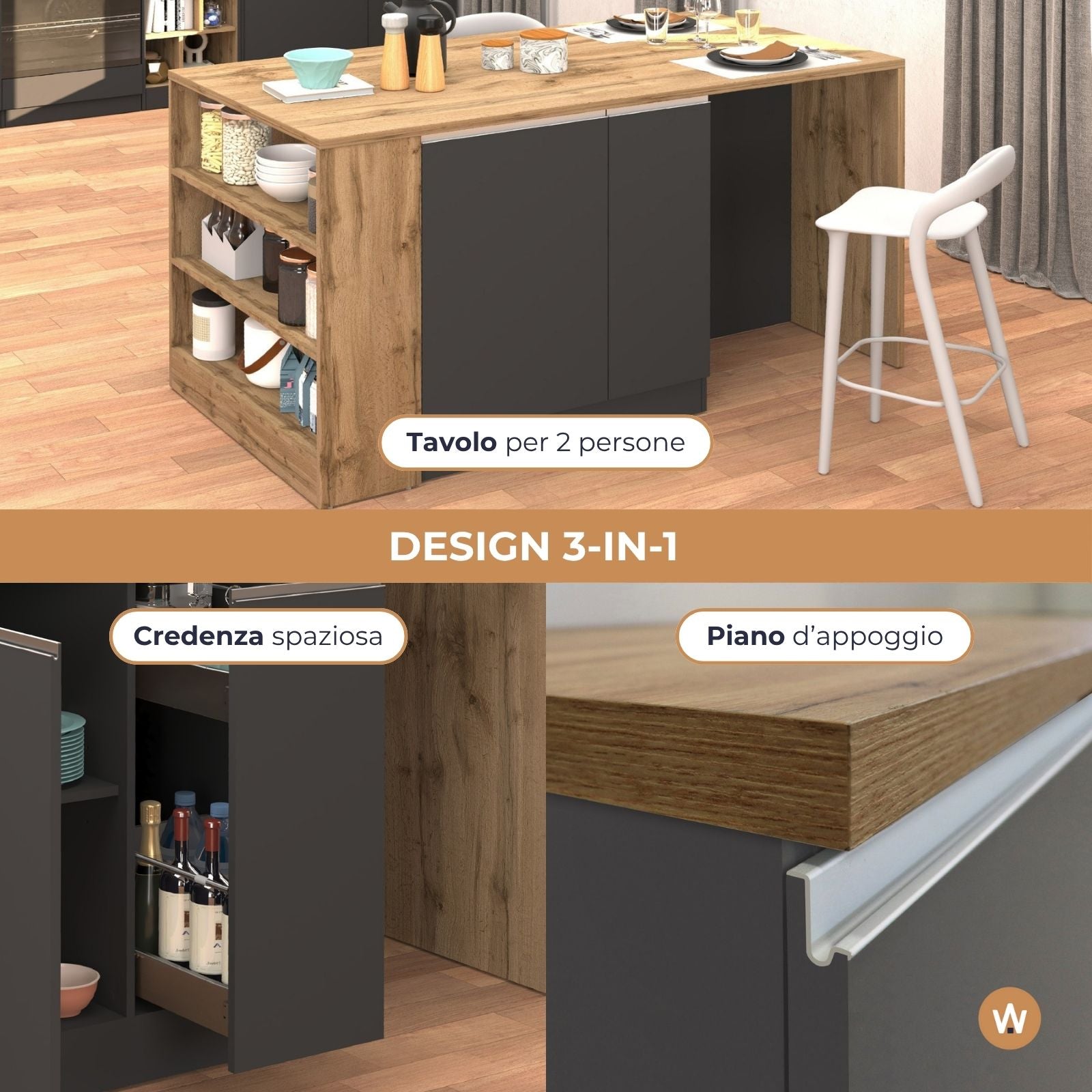 Isola da cucina Sole 2 ante 2 cassetti e 1 scaffale antracite opaco/rovere 168x90x91 cm