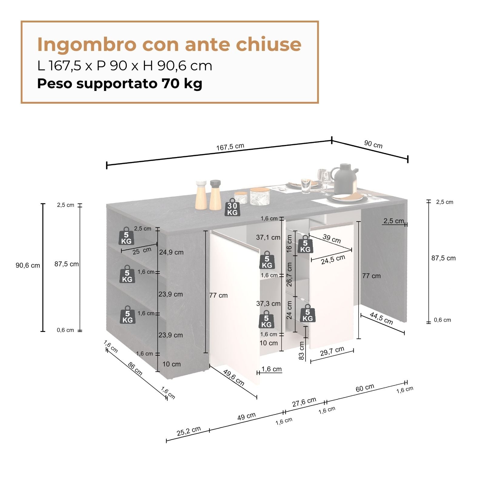 Isola da cucina Sole 2 ante 2 cassetti e 1 scaffale antracite opaco/rovere 168x90x91 cm
