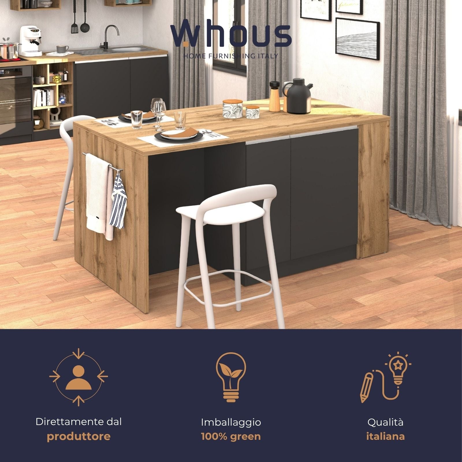 Isola da cucina Sole 2 ante 2 cassetti e 1 scaffale antracite opaco/rovere 168x90x91 cm