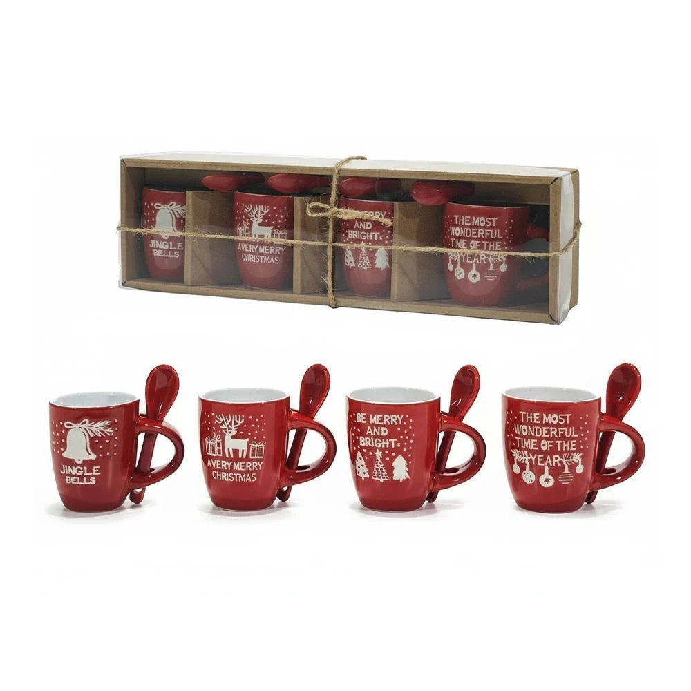 Trade Shop - Set 4 Tazzine Natalizie Decorate In Ceramica Capacità 7 Cl Con Cucchiaini Coordinati -