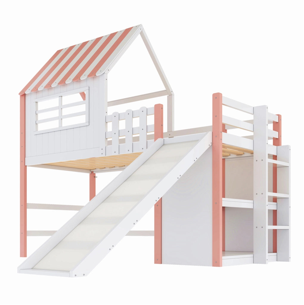 Letto a soppalco 90x200 cm con scivolo e scala in legno e MDF rosa