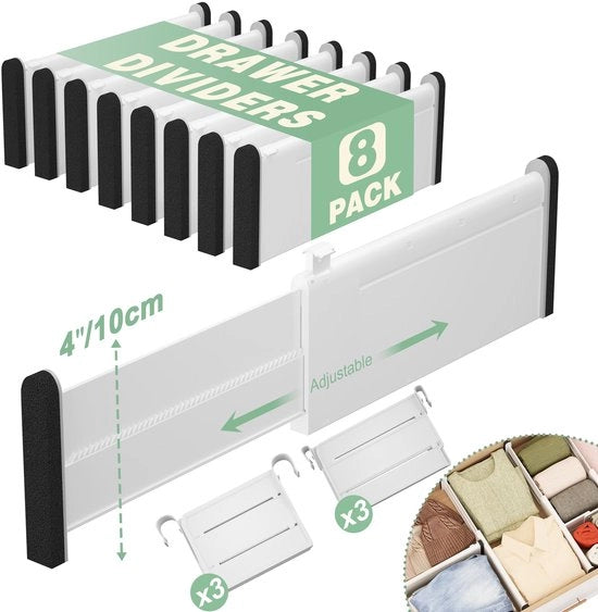 Verdelatori di cassetti adattabili con accessori, 10 cm espandibili, organizzatori di cassetti per abbigliamento, 5-pack, 32-58 cm lunghi verdelatori con accessori 9-18 cm per archiviazione in cucina, camera da letto, ufficio.