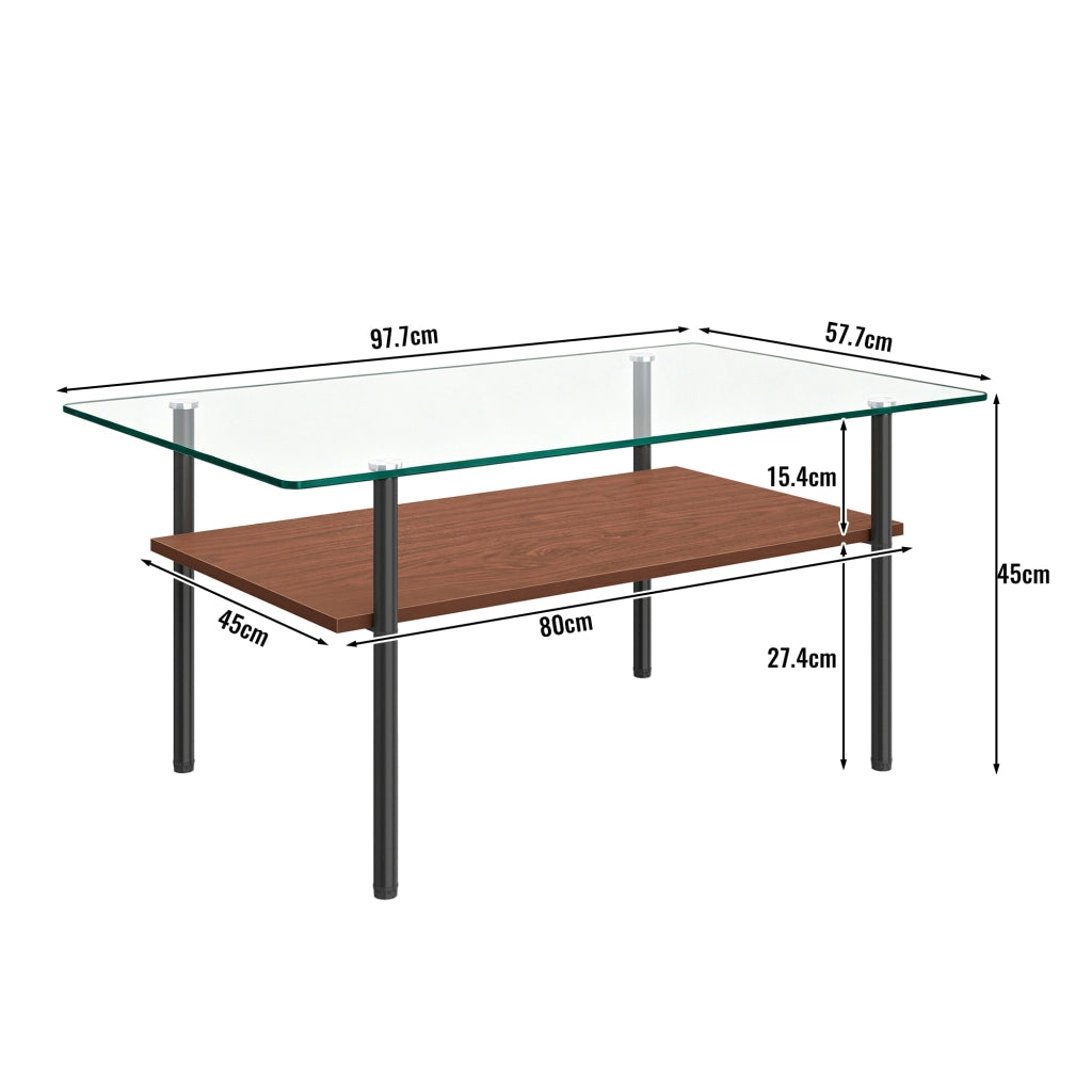 Tavolino basso con piano in vetro temperato e ripiano in MDF, struttura in metallo, nero e marrone, 98 × 58 × 45 cm