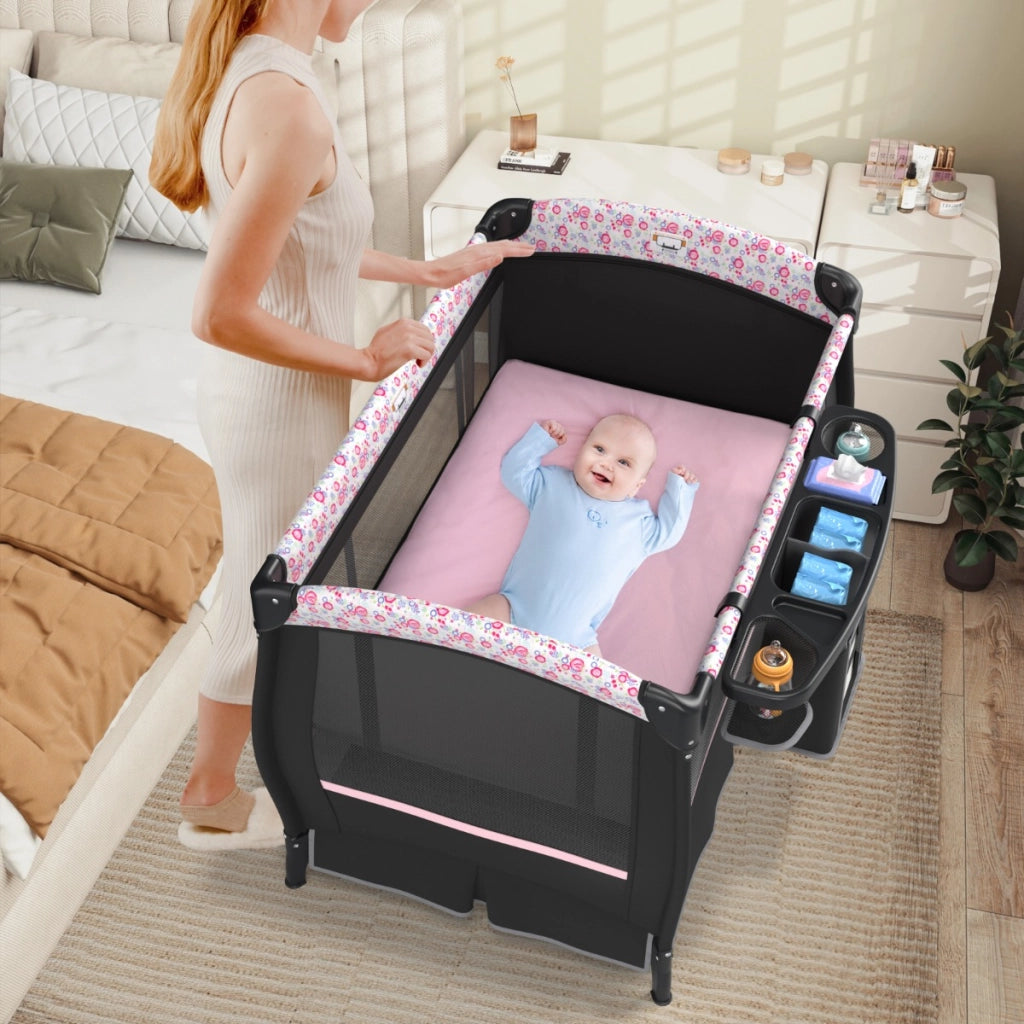 Centro neonati con borsa da viaggio per neonato, Pack and play 4 in 1 portatile Nero Rosa