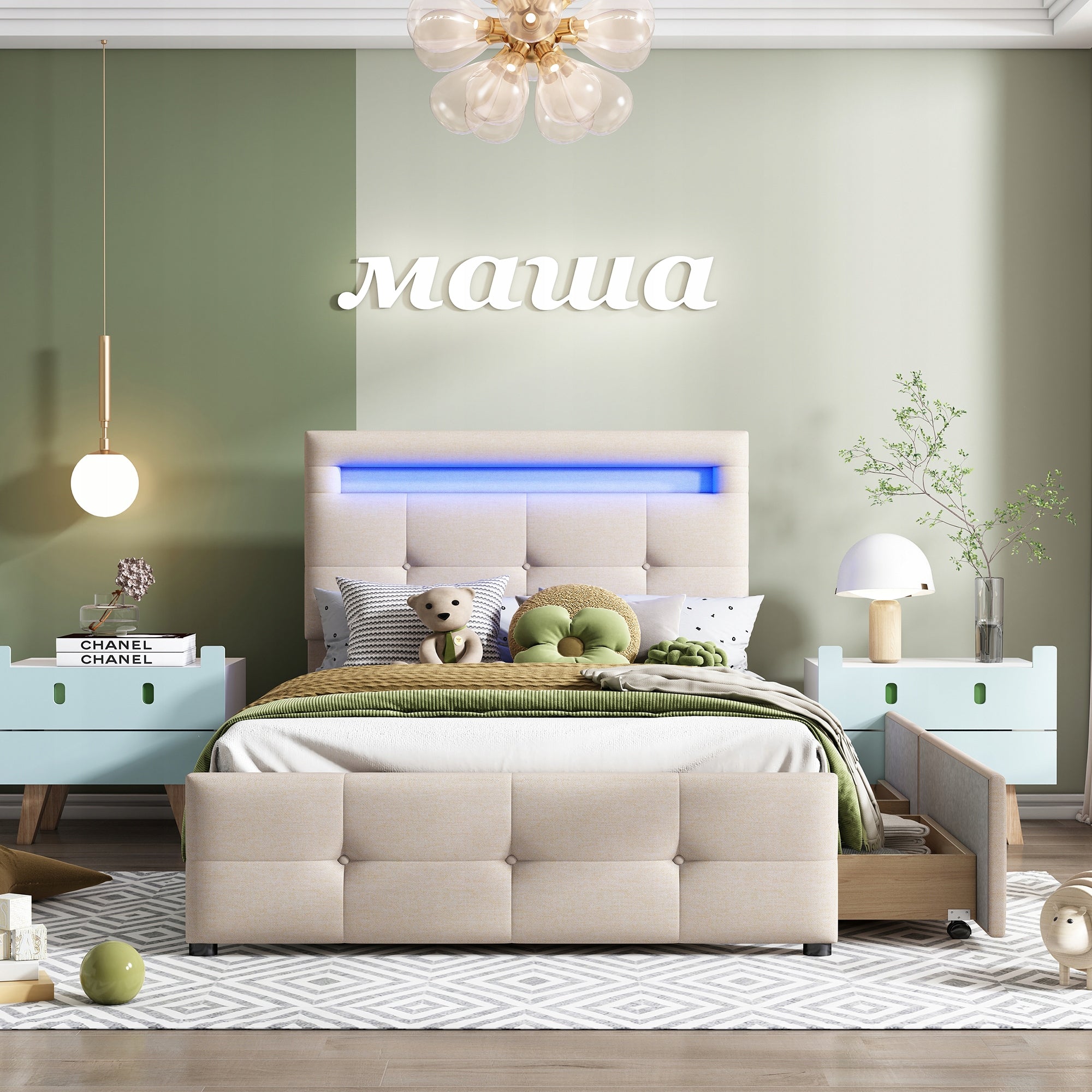 Letto singolo per bambini - Xylo - 90x200 - Beige - LED, 2 cassetti