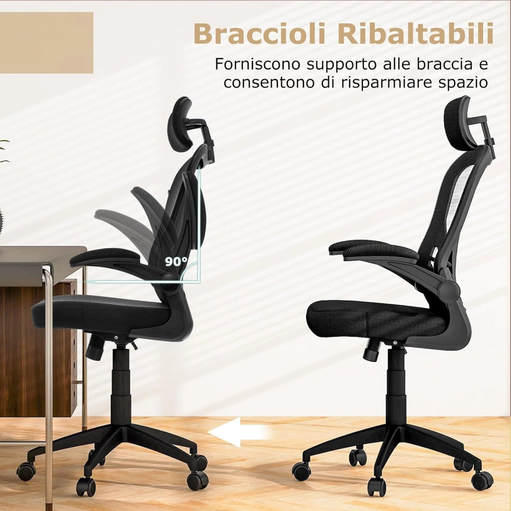 Sedia da Ufficio Ergonomica in Rete, Sedia Direzionale con Altezza Regolabile, Braccioli Ribaltabili, Poggiatesta e Supporto Lombare Regolabili, Sedia Girevole per Studio Casa, Portata 135 kg