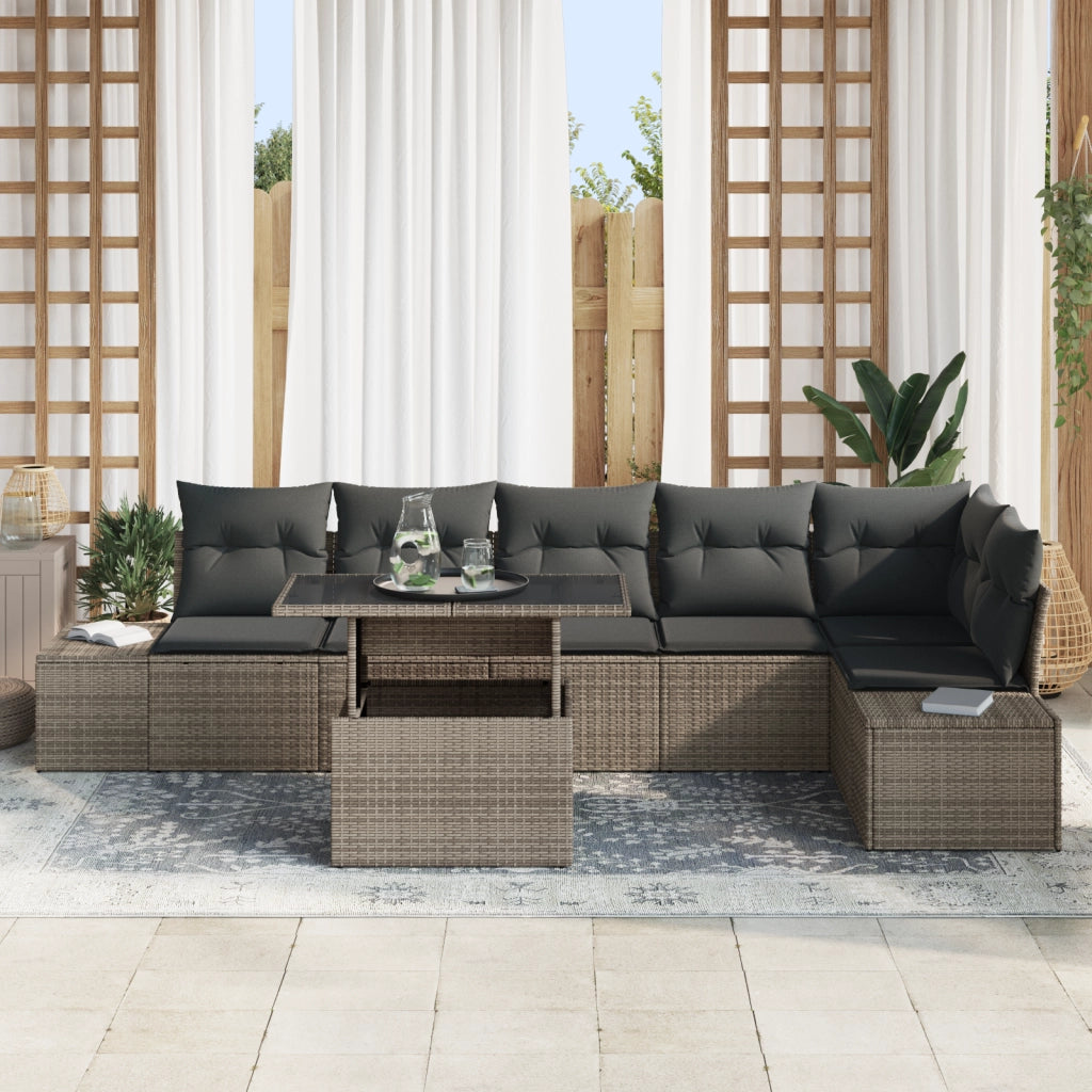 Set di Divani da Giardino da 7 Pezzi con Cuscini Grigi in Rattan Sintetico