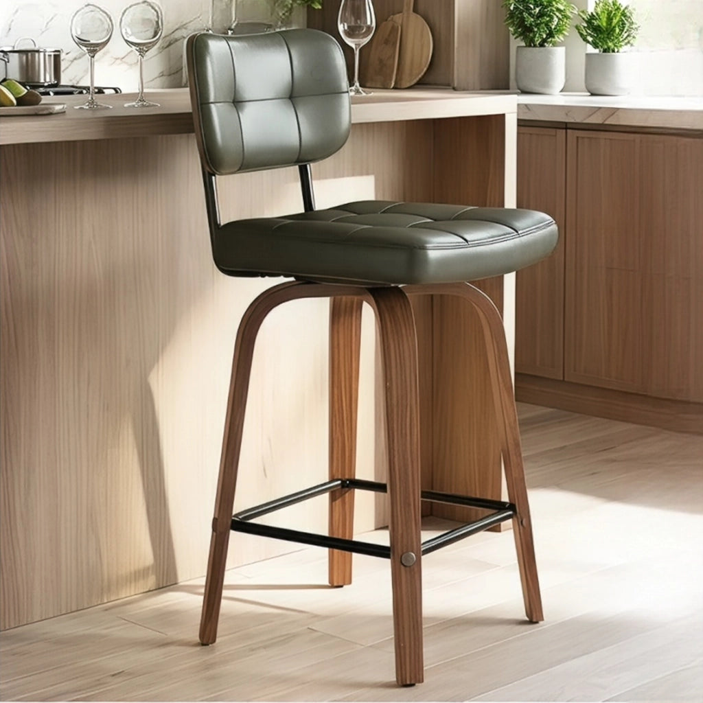 Sgabello da bar girevole con schienale ergonomico e rivestimento in PU, struttura in metallo e legno verde