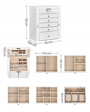 Portagioie Valora bianco con specchio, 5 cassetti e ante laterali