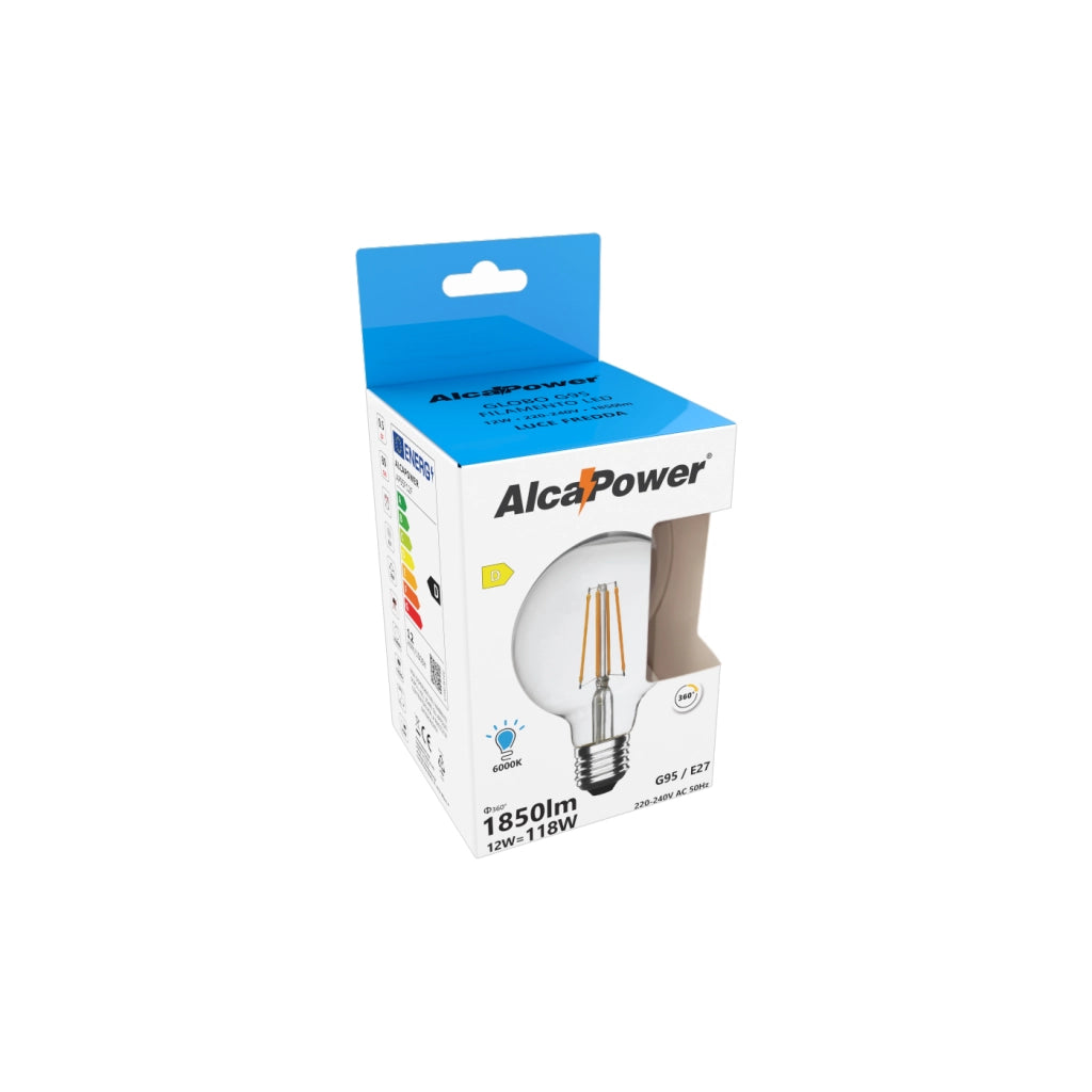 Alcapower Lampadina LED Globo G95 Filamento Trasparente 12W 1850lm E27 Luce Fredda 6000K, Alta Efficienza Energetica, Durata 25000 Ore, Classe D