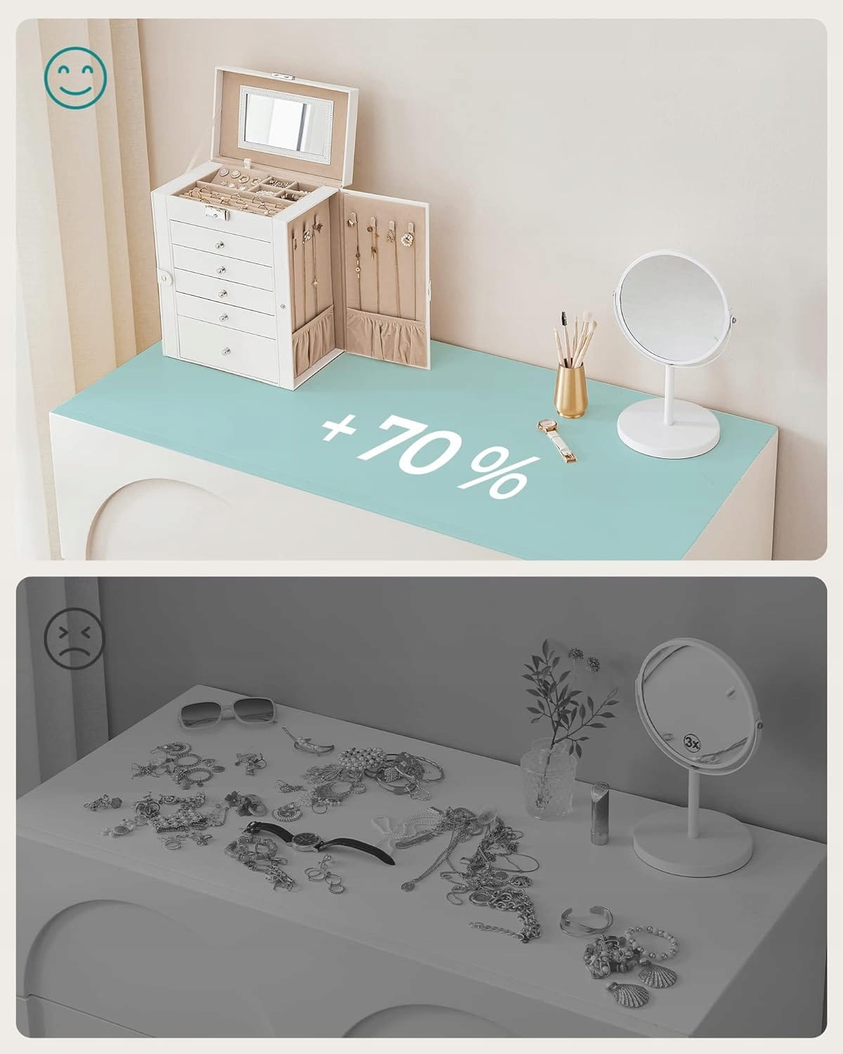 Portagioie Valora bianco con specchio, 5 cassetti e ante laterali