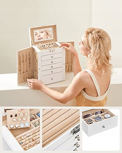 Portagioie Valora bianco con specchio, 5 cassetti e ante laterali