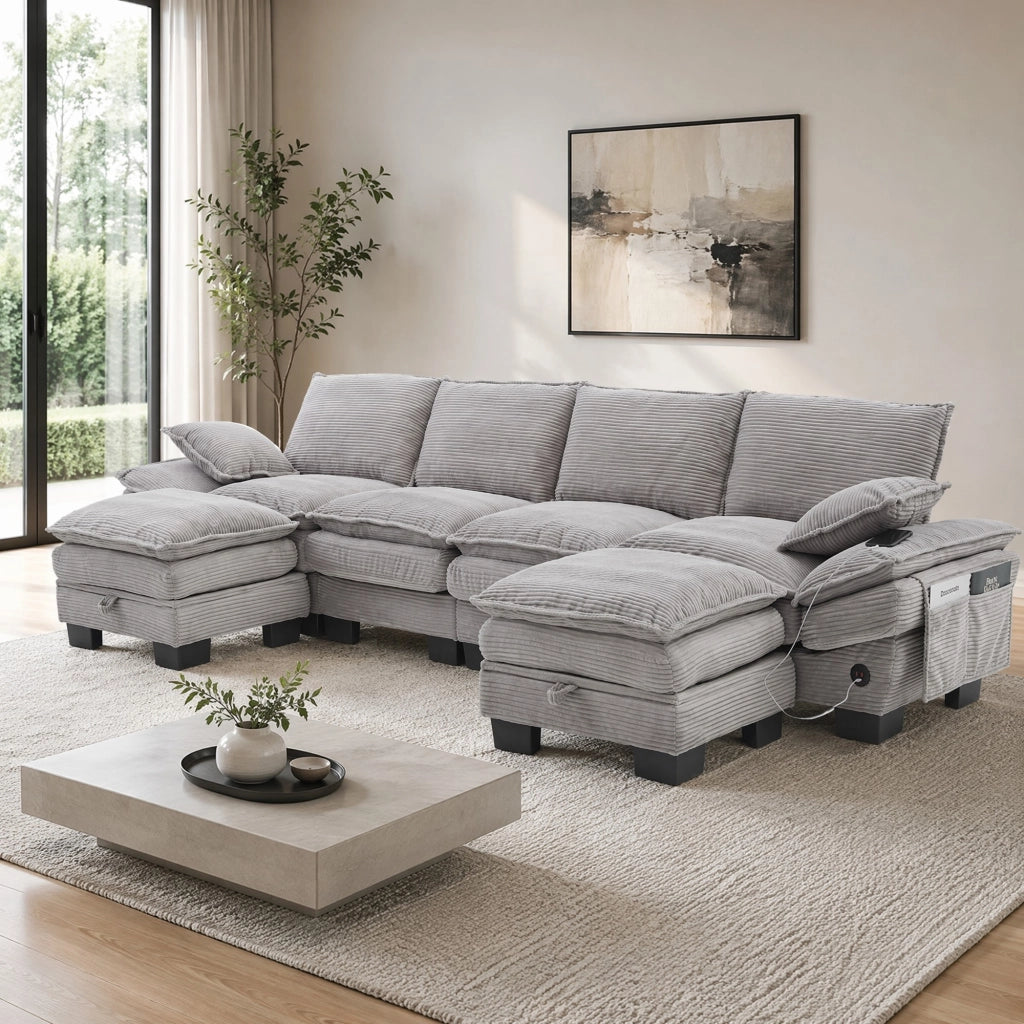 SOFA 4 POSTI in corduroy 330x132x84 cm grigio chiaro con 2 hocker