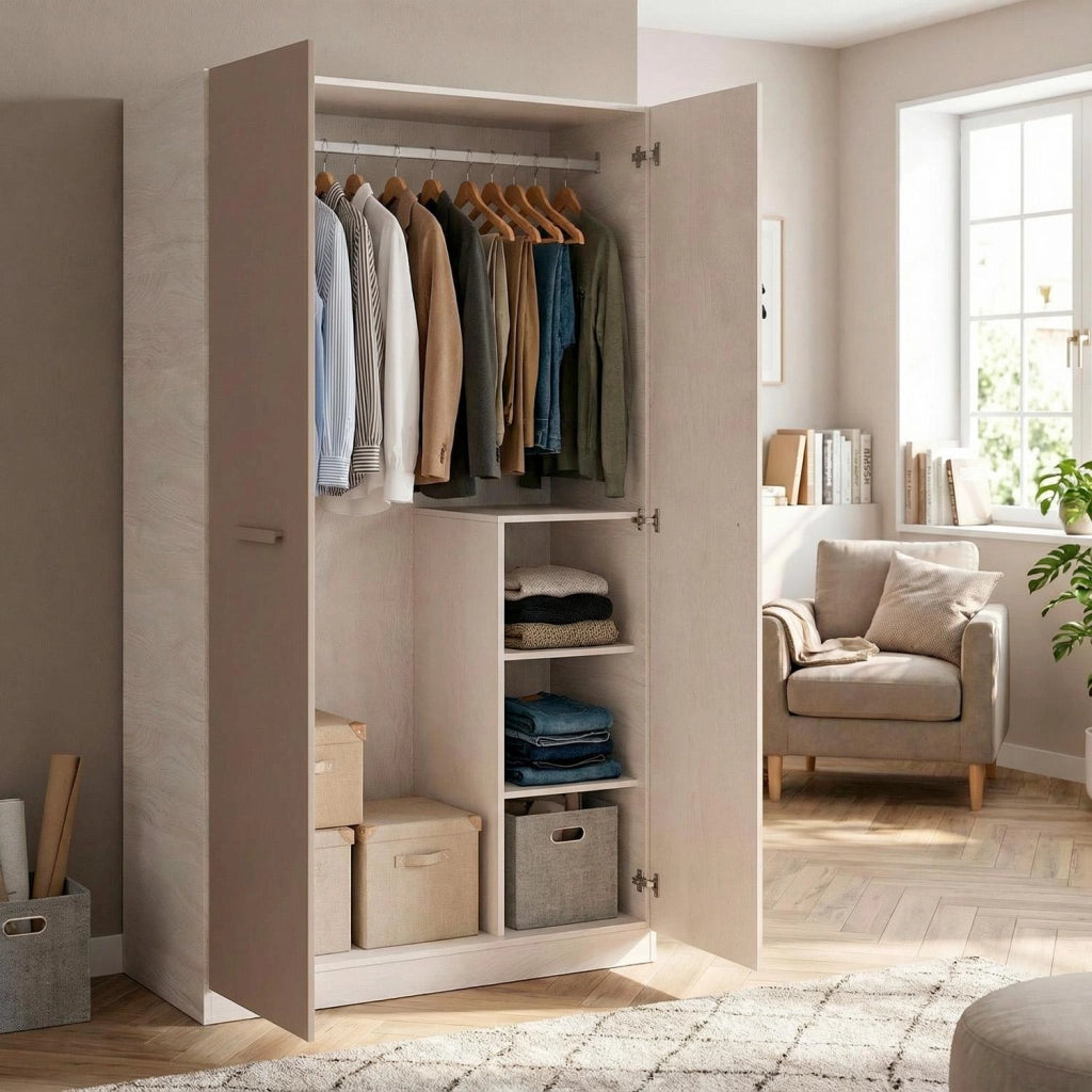 Armadio Guardaroba 2 Ante Battenti Con 3 Scomparti E Barra Appendiabiti Design Moderno Per Camera Da Letto Cameretta 90 X 200 X 52 Cm Beige E Rovere