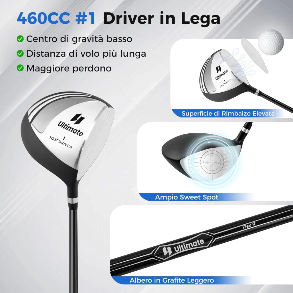 Set Completo di Mazze da Golf per Destri da Uomo, con Driver da 460 cc, Legno da Fairway 3, Ibrido 4, Ferri 6 7 8 9, P, Putter e Borsa per mazze da golf