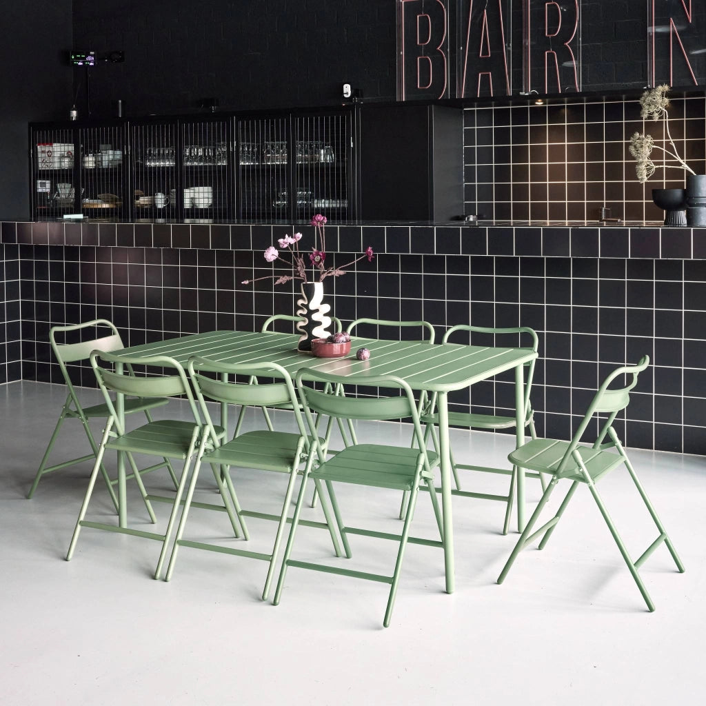 Set tavolo da giardino in acciaio con 8 sedie pieghevoli, 160cm, verde