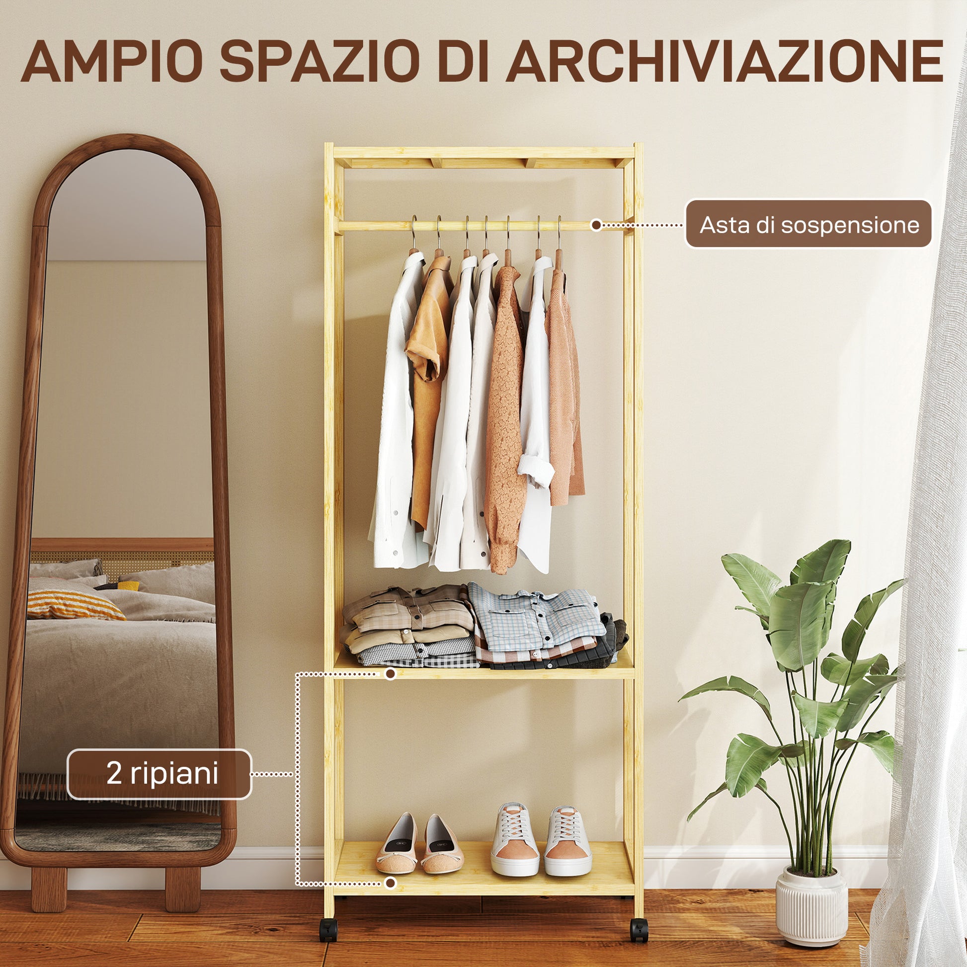 Stand Appendiabiti da Terra 70x35x175 cm con Barra Ripiani e 4 Ruote in Bambù Legno Naturale