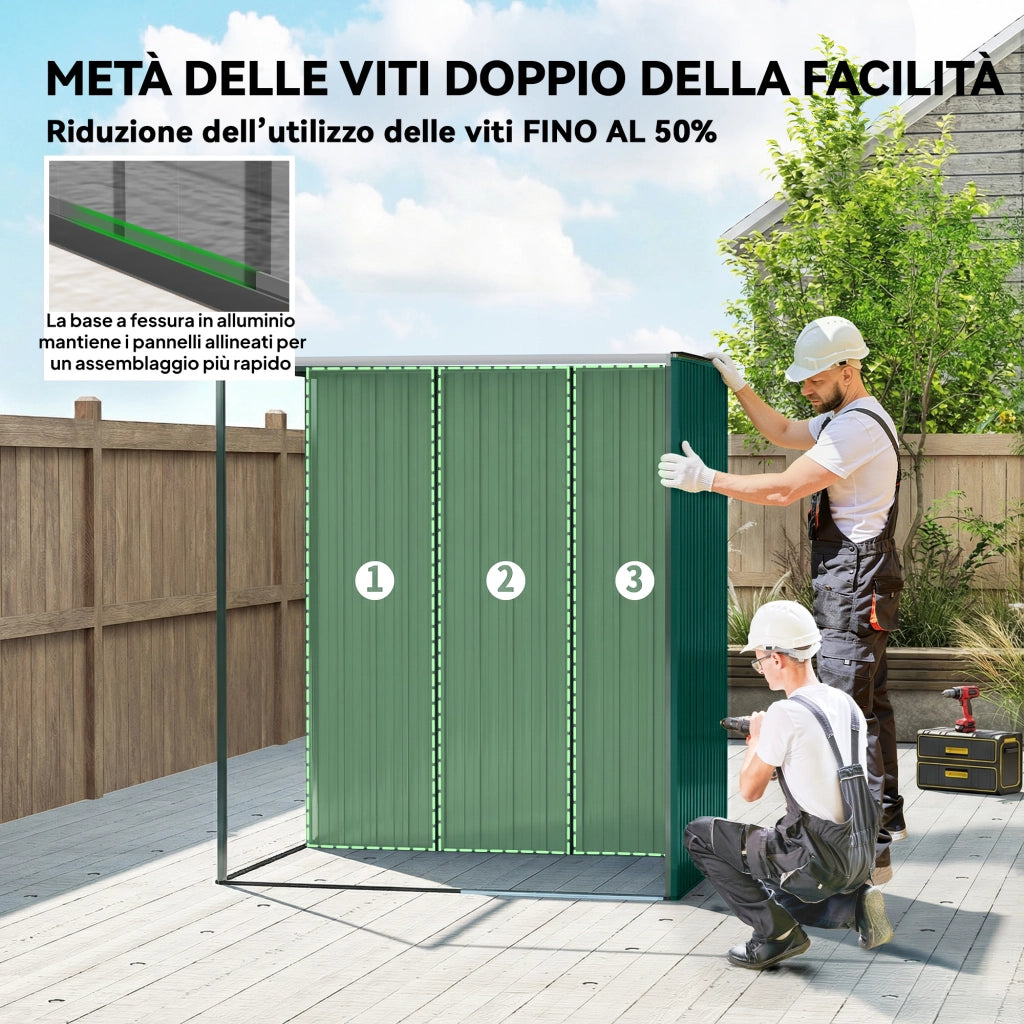 Casetta da Giardino in Metallo con Prese d'Aria e Porta Scorrevole, 159x106x181 cm, Verde