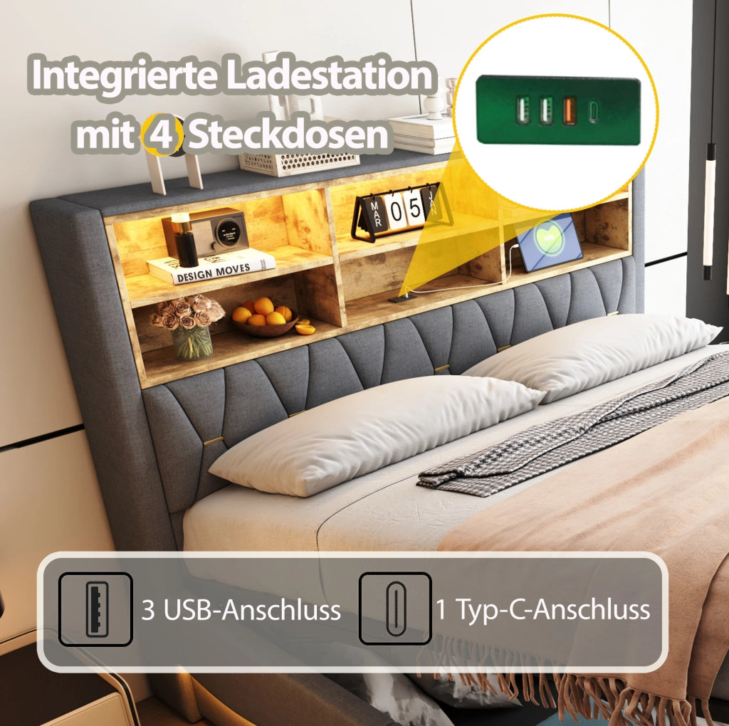 Letto imbottito 180x200 cm con LED, USB e vano contenitore
