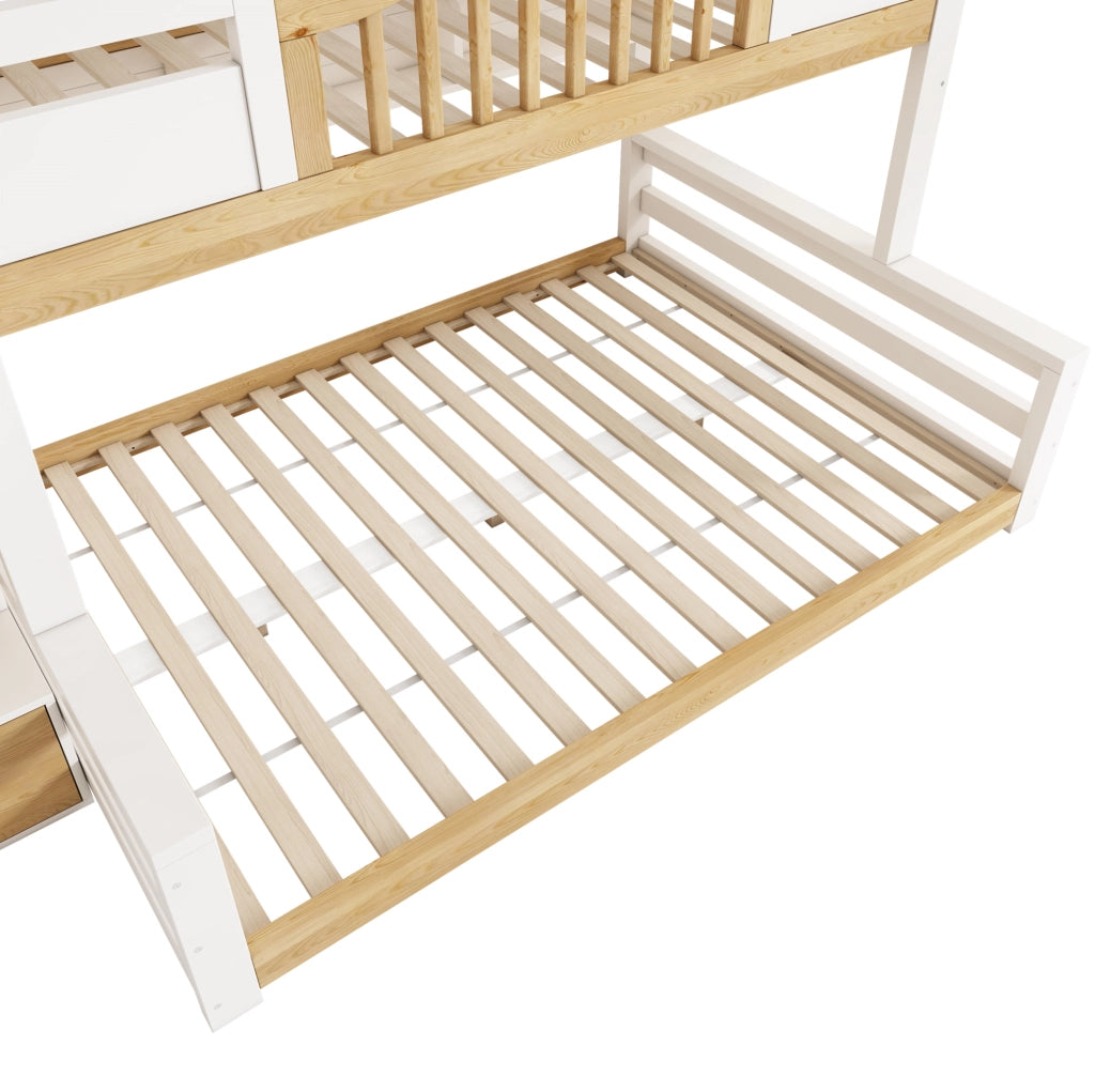 Letto a castello per bambini 90x200/140x200 in legno bianco e naturale con scala contenitore