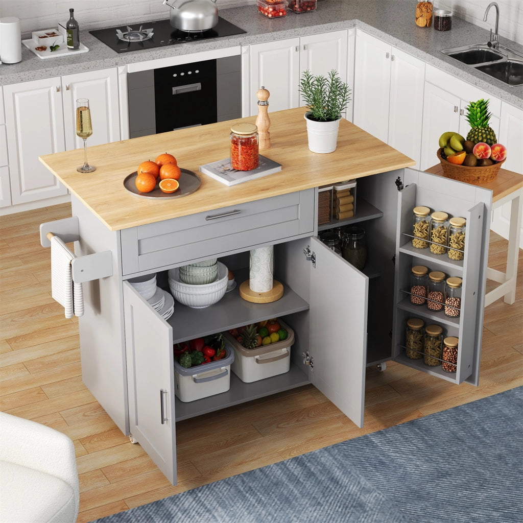 Carrello da Cucina con 2 Ante; 1 Cassetto; Ripiani Regolabili; Piano Pieghevole e Portasciugamani; 132.5x44x90 cm