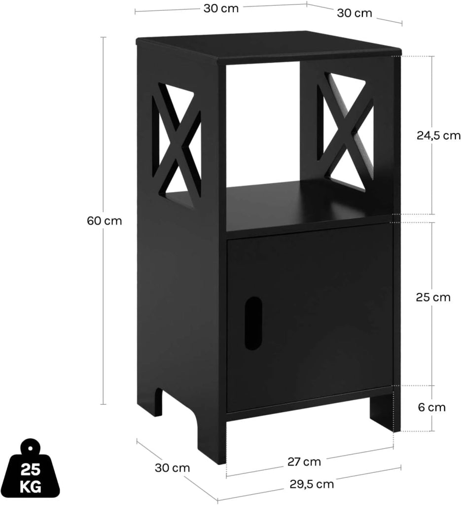 Comodino per Camera da Letto Stretto, Set di 2, Tavolino da Salotto, Nero, Piccolo, con 1 Vano Aperto e 1 Vano Nascosto, per Cameretta e Soggiorno, MDF, 30x30x60cm