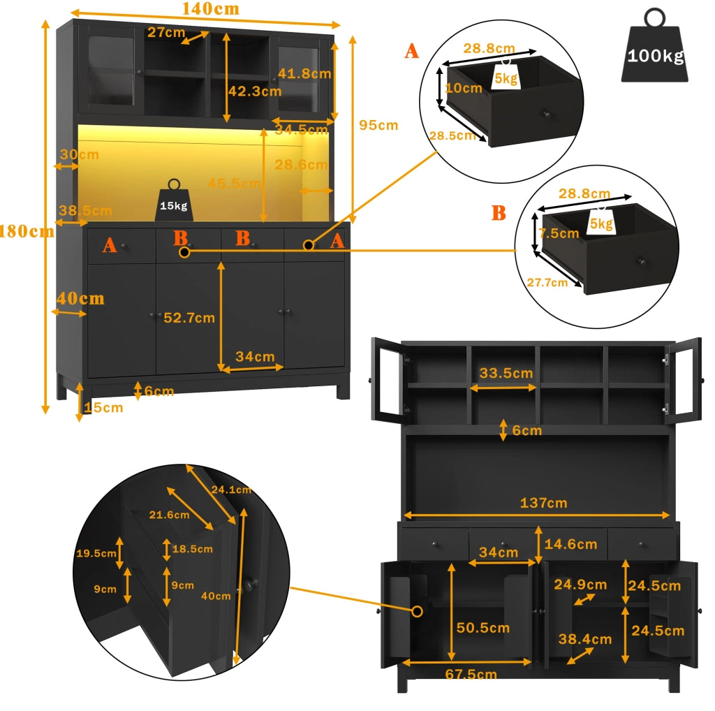 Credenza alta nera con LED RGB, ante in vetro e 4 cassetti