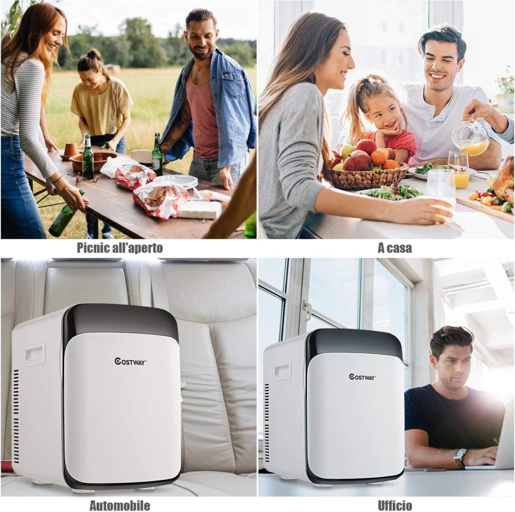 Mini Frigorifero Elettrico 15L, Funzione Caldo e Freddo, Mini frigo per Casa Auto Ufficio e Dormitorio, Prese Incluse, DC 12V/AC 220-240V, 27 x 33 x 38 cm (Bianco)