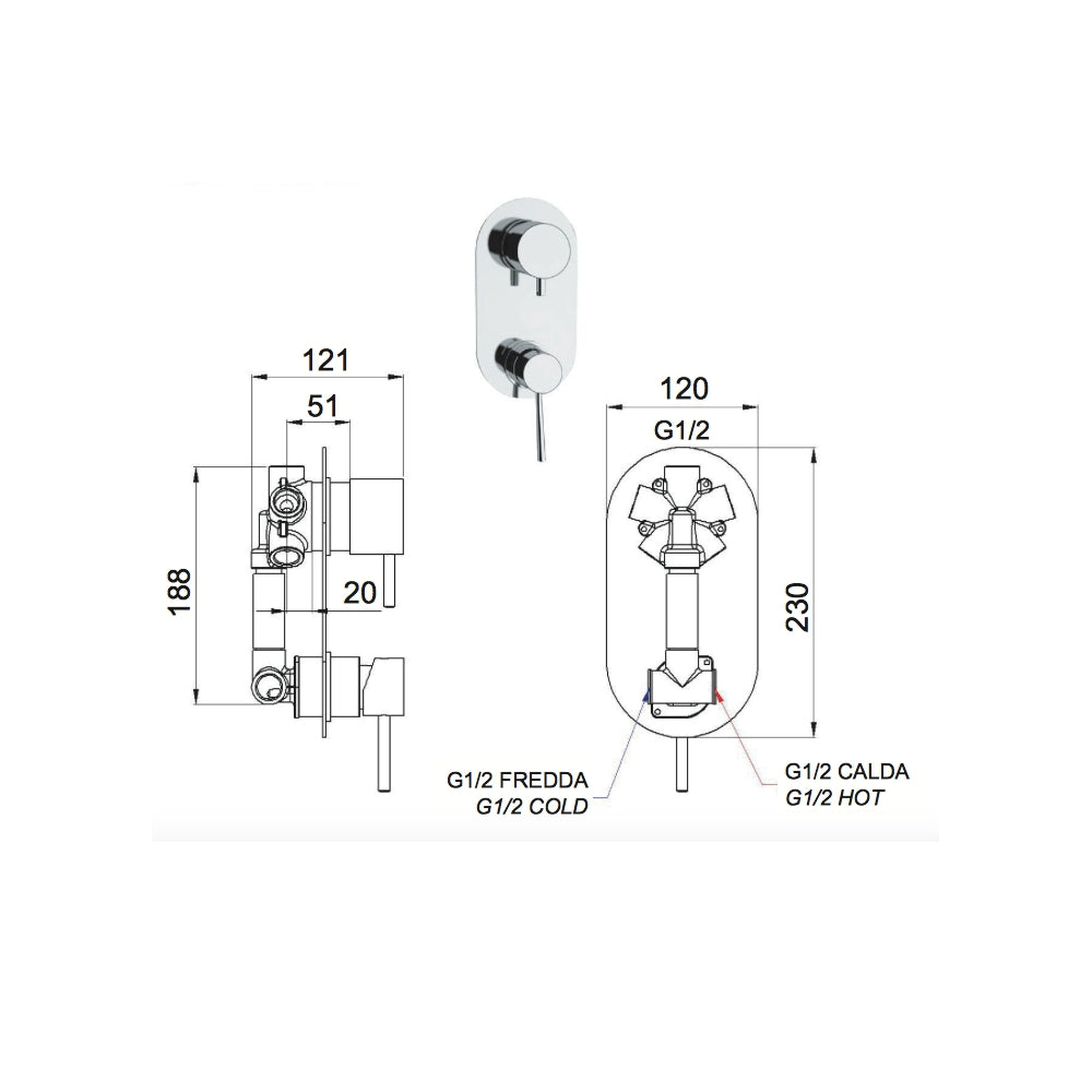 Rubinetto doccia con deviatore a 4 posizioni serie minimal