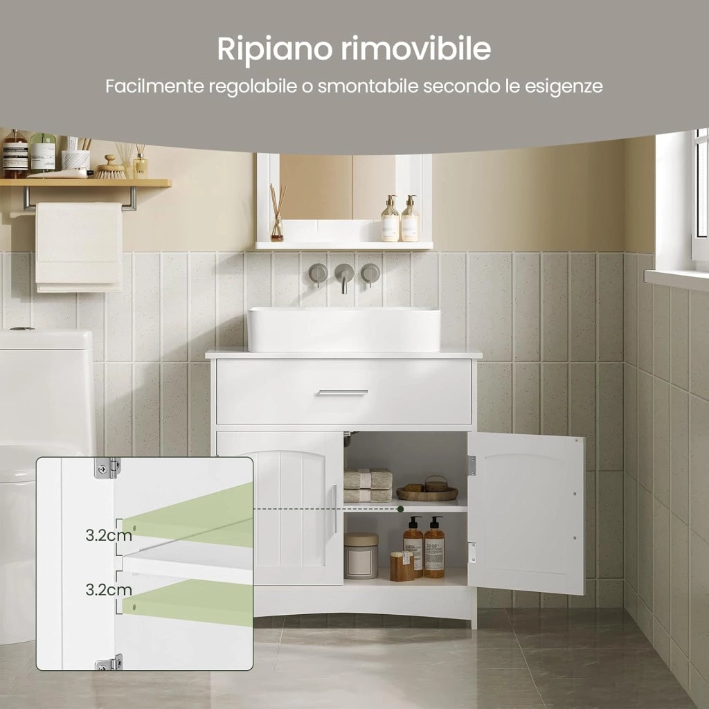 Mobiletto da bagno, mobiletto per vanità, mobiletto da bagno bianco con cassetti, ripiano regolabile, mobiletto per lavabo in piedi, MDF, 60x30x60 cm