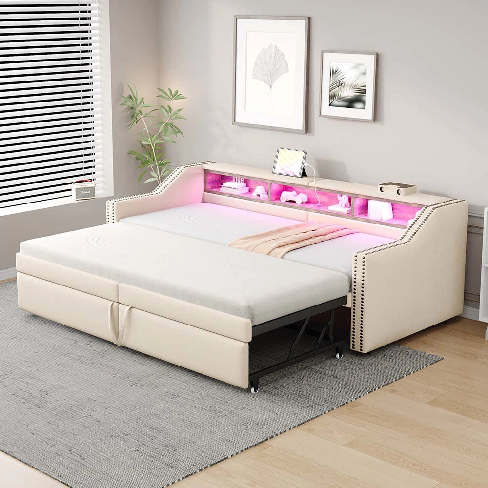 Divano letto - Xylo - 90x200 cm LED USB contenitore beige