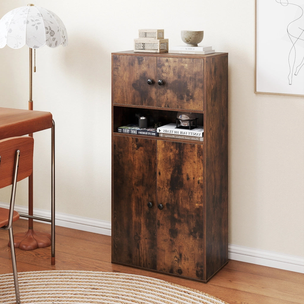 Libreria alta 111 cm con 4 ante-Vetrina autoportante con 2 kit anti-ribaltamento per casa Marrone Rustico