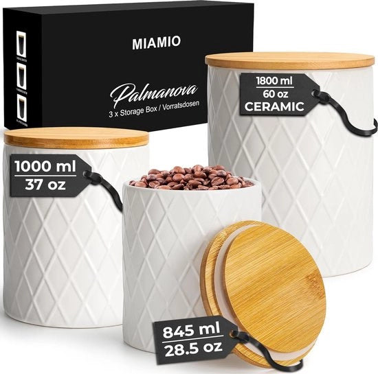 Set di 3 scatole di conserva per il bancone di cucina, scatola di conserva in ceramica con coperchio in legno ermetico - perfetta per il caffè, il tè, lo zucchero - Collezione Palmanova