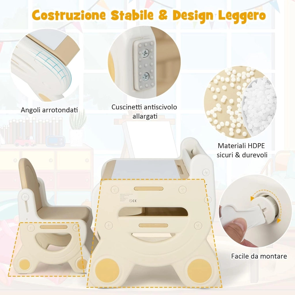 Set Tavolo e sedia per Bambini, Tavolo per Bambini con Sedia, Tavolo da Disegno Cancellabile e Ripiano, per Disegnare, Leggere, Giocare, Ideale per Bambini 3-8 Anni (Brown)