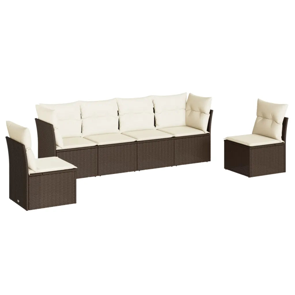 Set Divano da Giardino 6 pz | Set Salotto da Giardino con Cuscini Marrone in Polyrattan