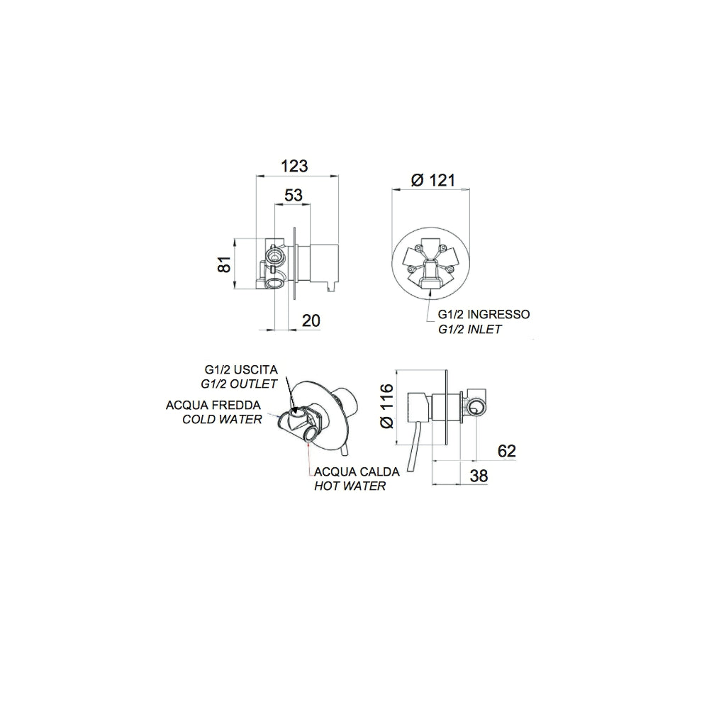 Rubinetto doccia con deviatore a 4 posizioni su doppia piastra serie minimal