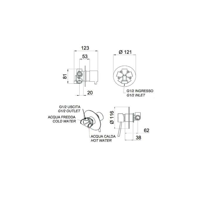 Rubinetto doccia con deviatore a 4 posizioni su doppia piastra serie minimal