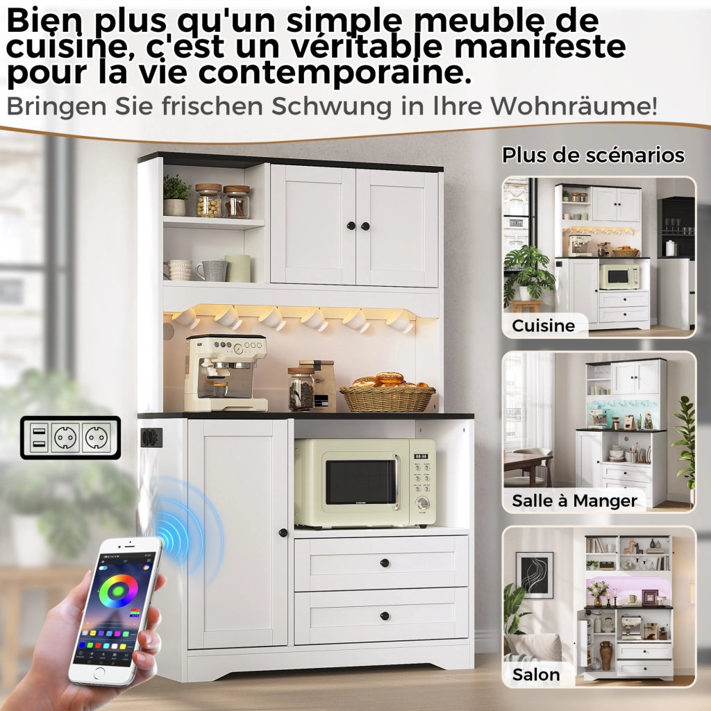 Credenza cucina multifunzione 100x40x163 cm con LED; prese USB; bianco