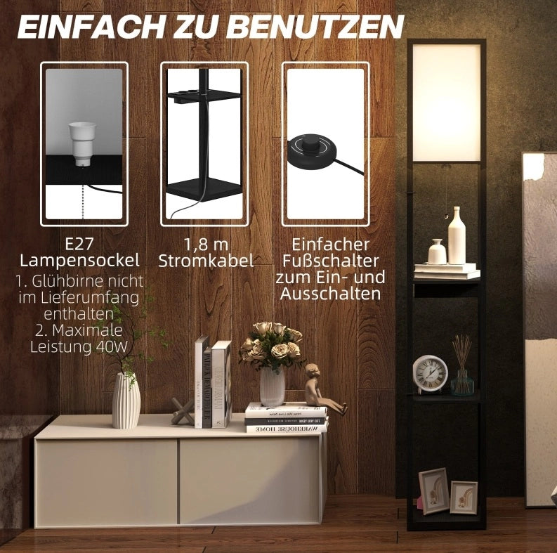 Lampada da terra con 3 ripiani, portalampada E27, paralume in tessuto, USB-A e USB-C, bianco e nero