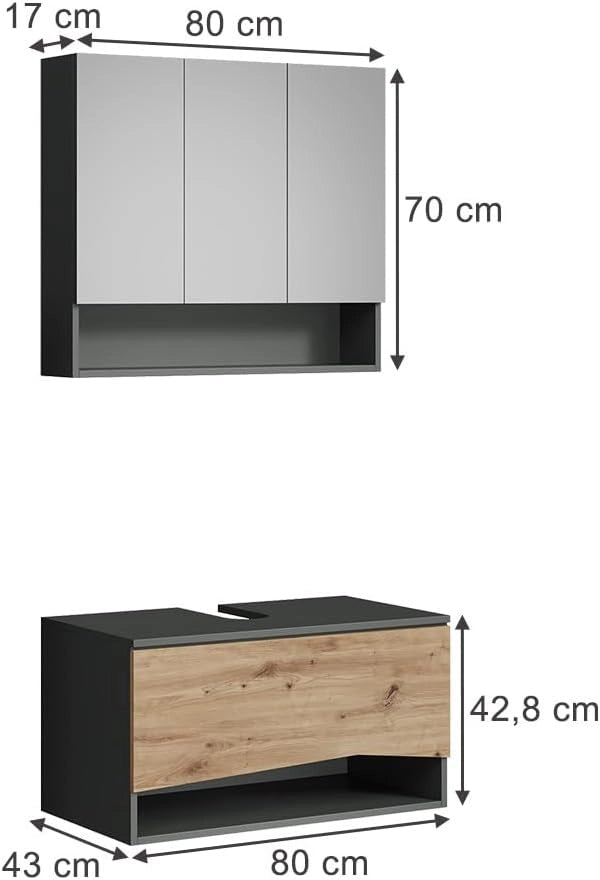 Set di mobili da bagno Willow, Artigiano, 80 cm, composto da specchio da bagno e mobile sottolavabo