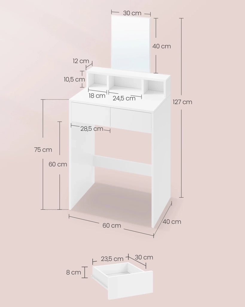 Toletta con specchio grande tavolo da trucco con 2 cassetti e 3 scomparti angolo bellezza in stile moderno bianco 12_0005152