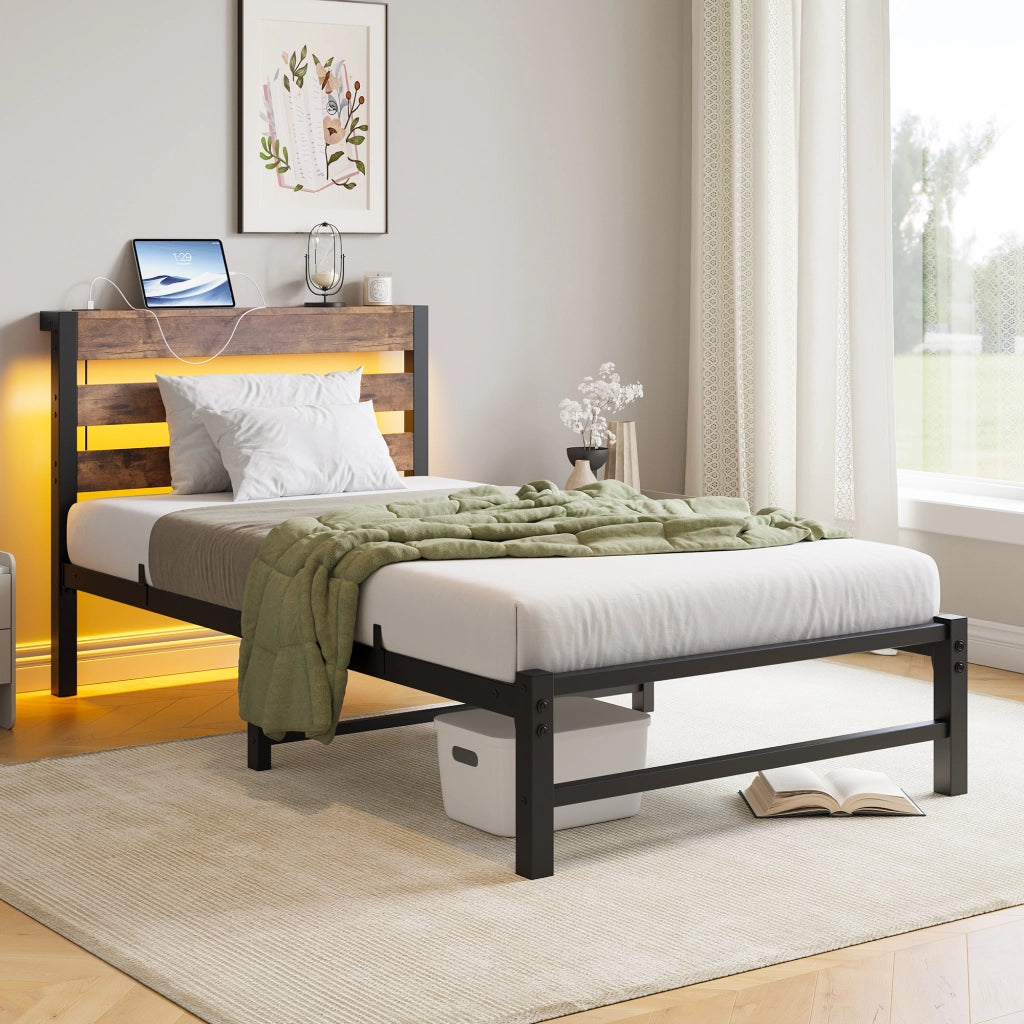 LETTO 90x200 cm con LED RGB e 2 USB in metallo e legno Nero Marrone