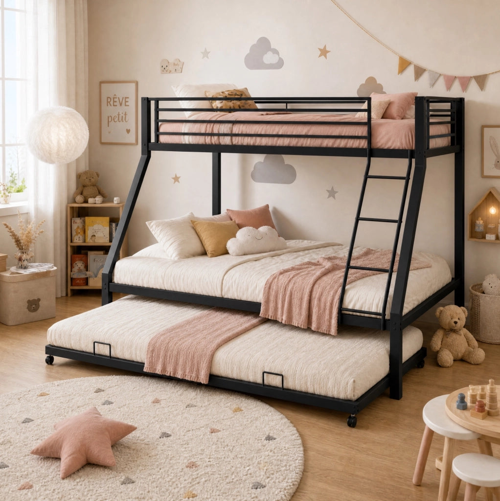 Letto a castello in metallo nero 3 in 1 con letto estraibile