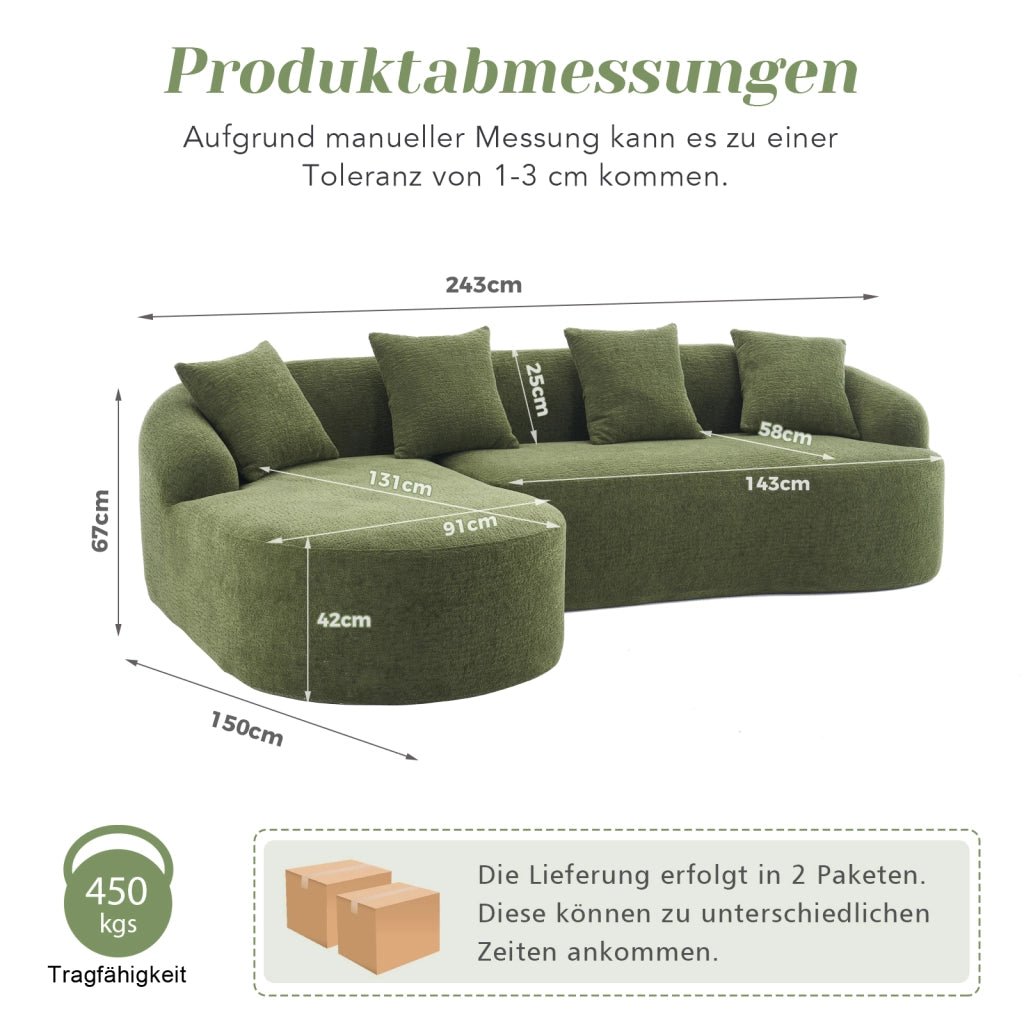 Divano modulare angolare curvo con chaise longue sinistra in chenille verde senza attrezzi 243 × 150 × 67 cm