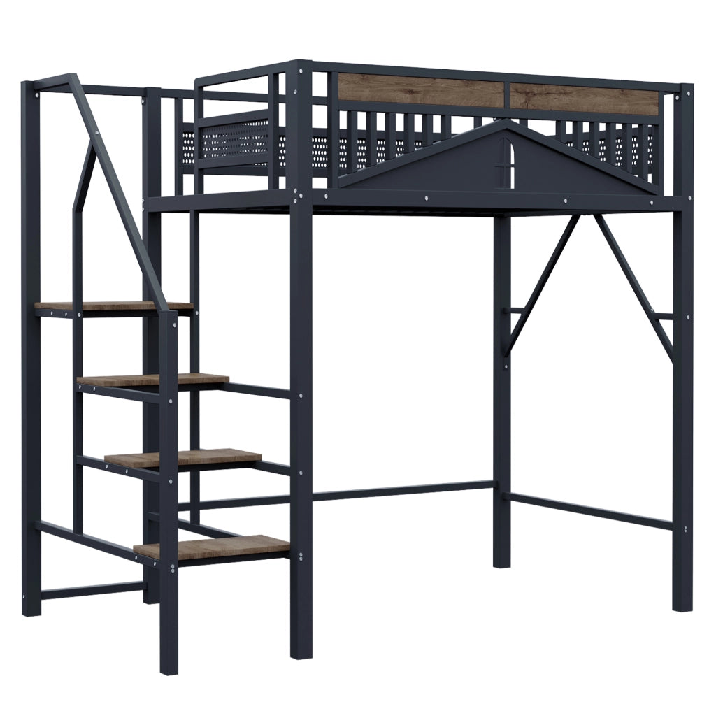 Letto a soppalco in metallo 140x200 cm con scala laterale e spazio contenitivo; nero