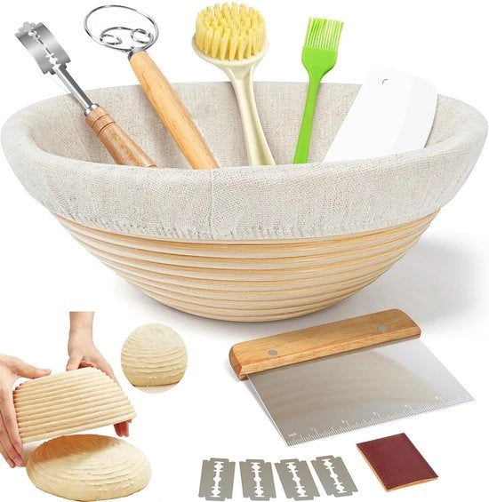 Kit di Avvio Lievitazione Naturale - 13 pezzi Set Completo - Mandrino per Lievitazione (Rond+Ovale) - Attrezzatura per la Panificazione - Whisk per Impasto - Scheggiatore - Cintura Termometro - Materiale per Pane Lievitato a Mano