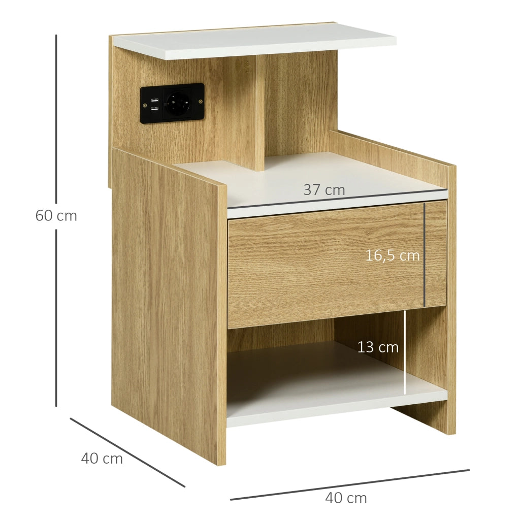 Comodino con USB, presa, cassetto e ripiani ¨C zephmum ¨C 40x40x60 cm, naturale