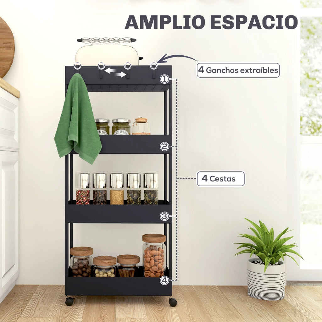 Carrello da cucina 4 livelli ¨C zephmum ¨C 40x19x90 cm nero